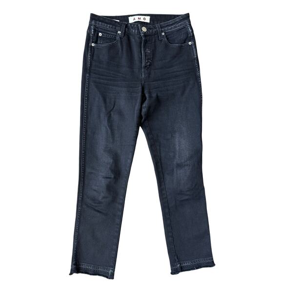 AMO Babe High Rise Slim Straight Jeans in Black Magic Raw Hem, Size 25 - Picture 1 of 7